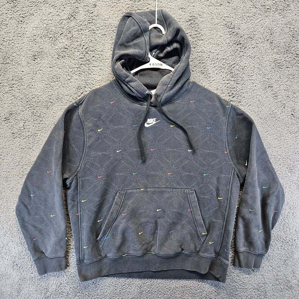 Nike AOP Gel Fleece Black Pullover Hoodie‎ Mens Medium DM7930 010 Center Swoosh